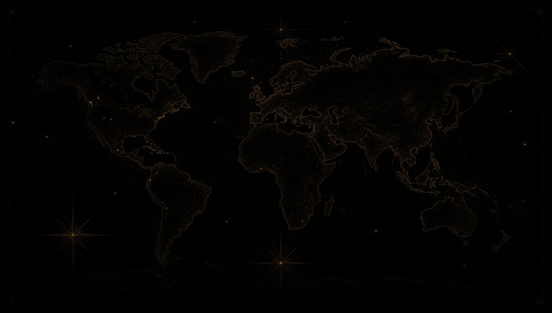 Faint engraved world chart in gold hairlines